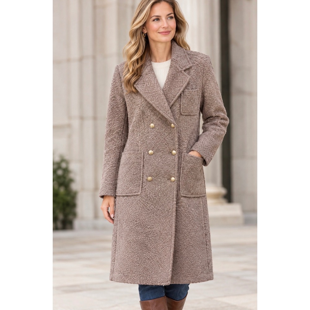 Liz Claiborne Women Large Tan Boucle Wool Blend Long Coat Quiet Luxury Corporate